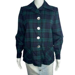 Pendleton 49er Jacket Vintage 100% Virgin Wool Black Watch Plaid Green Blue M